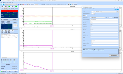 The image shows a software interface running a frequency response calibration with sensor data graphs, highlighting automation.