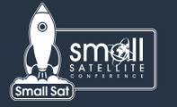A logo features a rocket launching beside the words "Small Satellite Conference" against a dark background.