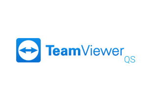 The image displays the TeamViewer QS logo featuring a blue icon with arrows next to the brand name in blue and gray text.