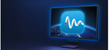 A glowing monitor displays a digital solution logo against a cosmic background, highlighting innovation and technology.