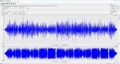 A software interface displays a detailed blue waveform signal visualization across two panels, highlighting audio data analysis.