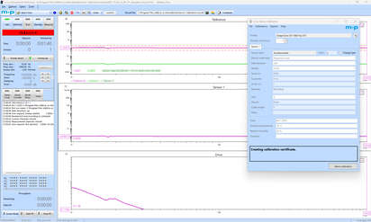 A digital interface displays automated calibration results with sensor data and a schedule creation option.