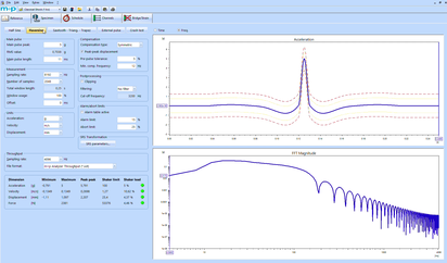 A software interface displays acceleration and FFT magnitude graphs, with options for configuring shock shapes in testing.