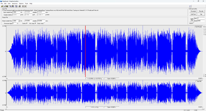 A waveform display shows audio signal fluctuations in blue, ideal for analyzing long test recordings.