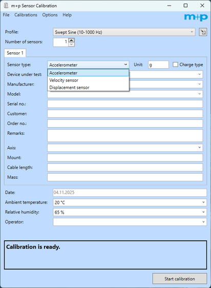 A sensor calibration software interface shows options for selecting various sensor types, including accelerometer and velocity sensor.