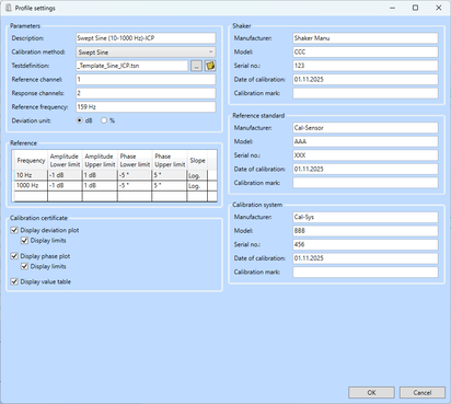 The image displays a software interface for flexible calibration methods, featuring settings for sine sweeps and frequency calibration.