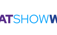 The logo features the words "SAT SHOW WEEK" in a gradient of purple to blue with a stylized satellite icon.