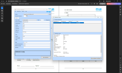 A digital calibration report interface displays sensor settings and results, highlighting customizable report options.