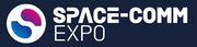 The Space-Comm Expo logo features bold white text and a circular icon with blue and pink gradients on a dark background.