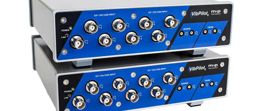 Two stacked VibPilot devices feature multiple input channels for precise vibration analysis and measurement.