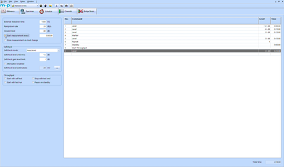 A software interface displays configurable test sequences, including commands and levels for precise measurement scheduling.