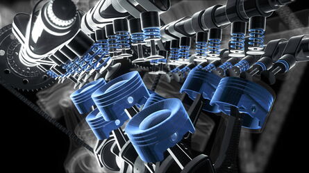 A detailed 3D illustration of engine pistons and camshafts showcases advanced vibration excitation technology.
