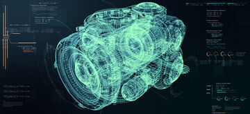 A digital blueprint displays a complex engine design with technical data overlays, highlighting futuristic engineering.