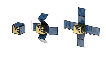 Three small satellites with solar panels are shown in different deployment stages for new space production.