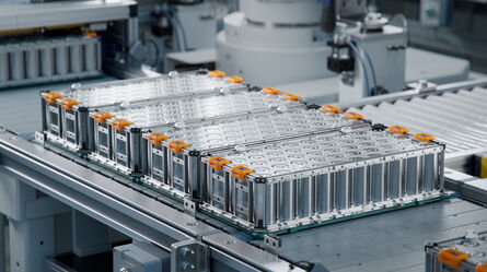 Robotic machinery processes multiple battery packs on an assembly line for high-volume test execution.