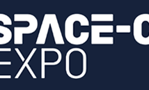 The Space-Comm Expo logo features bold white text and a circular icon with blue and pink gradients on a dark background.