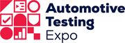 The logo for the Automotive Testing Expo features geometric shapes and bold text in red and blue.